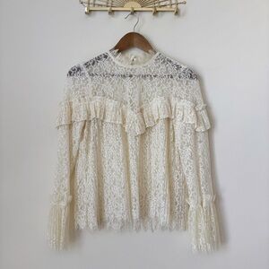 Saylor Cream Lace High Neck Ruffle Blouse Small Victorian